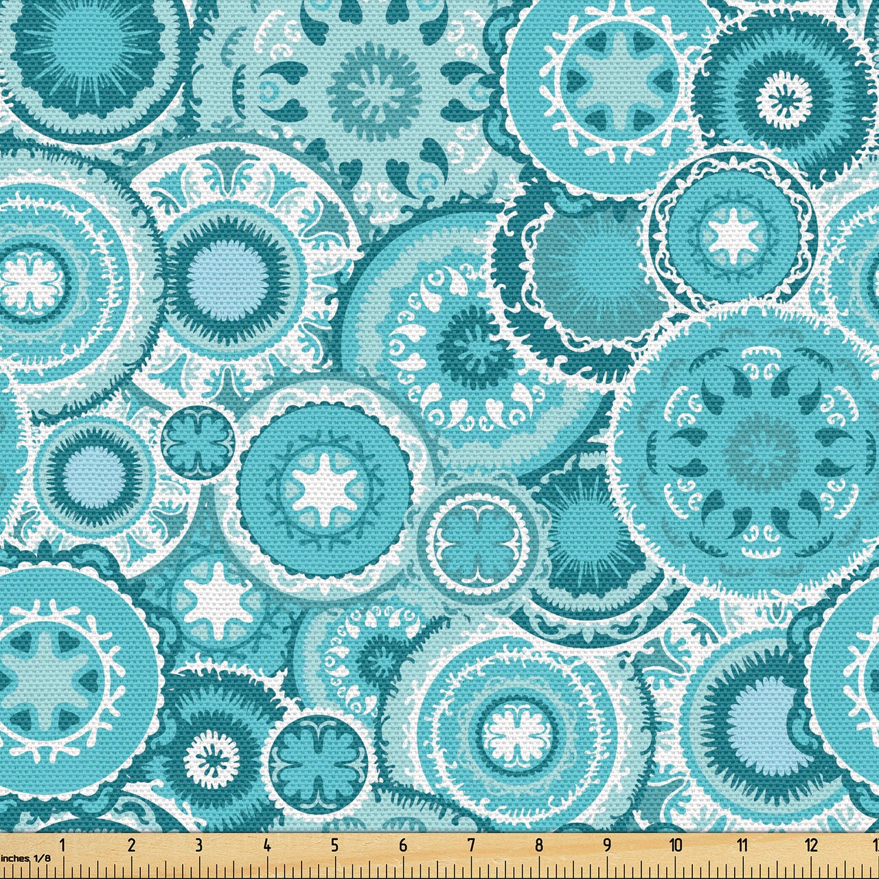 Ambesonne Aqua Fabric by the Yard, Hippie Floral Leaves Mandala Rounds Traditional Elements Print, Decorative Fabric for Upholstery and Home Accents, 10 Yards, Turquoise Teal White